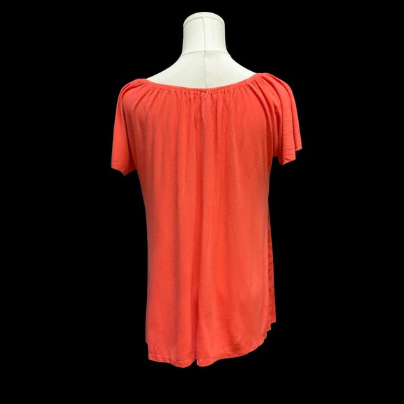 Salmon Floral Print Peasant Top w/ Flutter Sleeve - Picture 2 of 3